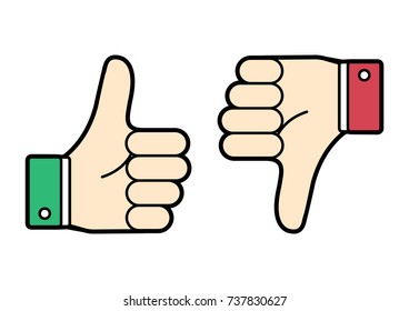 Colored thumb up and down. Green and red. Like and dislike. Vector illustration.