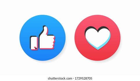 Colored thumbs up and heart isolated on white background. Concept of social networks and interface elements for them. Vector illustration