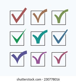 Colored tick mark or right sign. Vector icons collection set. Isolated on white background, eps 8.