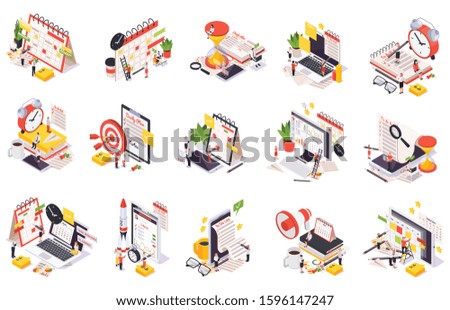 Colored time management planning schedule isometric icon set with to do list notes and other tools for planning vector illustration
