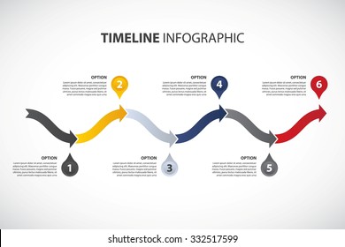 Colored Timeline vector Infographic template, consisting of 6 arrows