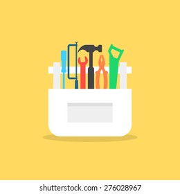 colored tools in white box with shadow. concept of mechanic, building, overhaul, engineer, employment, carpenter, civil engineering work. flat style trendy modern design vector illustration