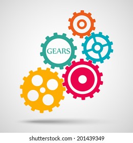 colored toothed gears (cogs) is meshed on gray background. vector illustration eps10