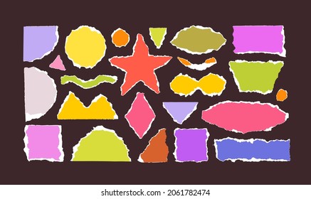Colored torn geometric shapes. Set of torn colored paper with white edge of different geometric shapes isolated. Vector scraps of circle, square, star, semicircle, ellipse.
