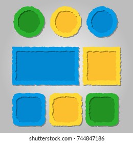 Colored torn paper frames with shadows,different shapes. Vector set of templates for web design