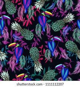 Colored toucans and pineapples on tropical leaves, seamless vector pattern