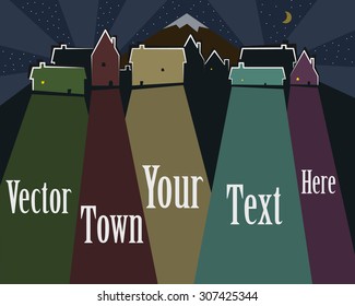 Colored Town Vector with place for your text. Scene is stylized. Night version with stars, moon and illuminated houses outlines. Eps 10