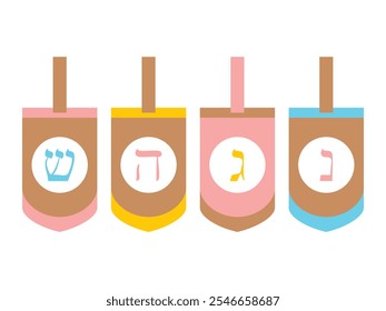 Colored Toys Dreidels Set of 4 Traditional Hanukkah Board Game for Children. Flat Style Isolated On White. Vector illustration