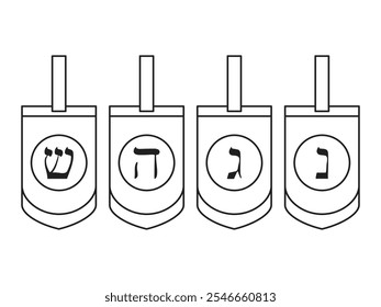 Colored Toys Dreidels Set of 4 Traditional Hanukkah Board Game for Children. Flat Style Isolated On White. Vector illustration