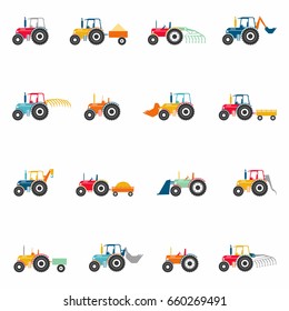 Colored tractors icons set, vector illustration. Collection of vehicles for different purposes with different equipment.