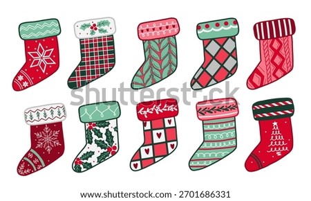 Colored traditional decorated Christmas stocking set. Vector gift socks clipart elements collection
