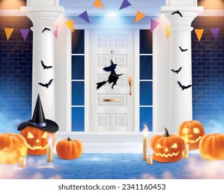 Colored traditional house front concept in the dark spooky style with decorated halloween courtyard vector illustration