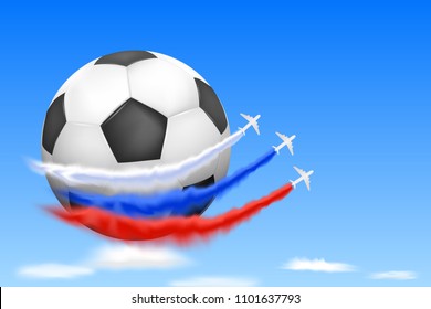 Colored trails of airplanes in Russian Federation's flag colors in the blue sky flying around the black and white ball vector illustration