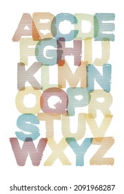 Colored translucent letters of the English alphabet with a striped texture. Stylish and fashionable font design. Vector set of capital bold Latin letters in retro style on a light background