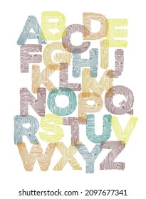 Letras traslúcidas de color del alfabeto inglés con una textura irregular a rayas, imitando la madera. Conjunto vectorial de letras latinas en negrita en mayúsculas sobre un fondo claro. Diseño elegante de tipos de letra a la moda
