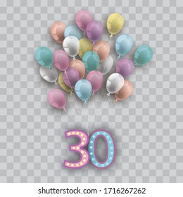 Globos de colores y transparentes con el número 30 en el fondo revisado. Archivo vectorial Eps 10.
