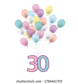 Colored and transparent balloons with the number 30 on the white background. Eps 10 vector file.