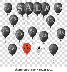 Colored and transparent balloons with numbers and percents on the checked background. Eps 10 vector file.