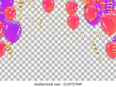 Colored and transparent balloons on the checked background isolated on transparent background. Flying latex ballons. Vector illustration.