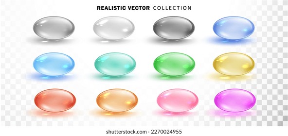 Colored transparent capsule set isolated. Realistic medical pill or drop. Collagen droplets