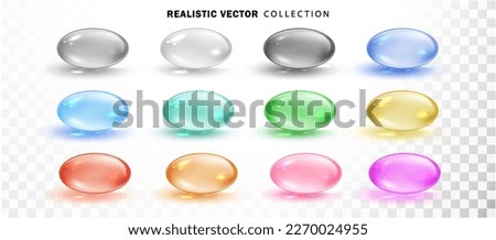 Colored transparent capsule set isolated. Realistic medical pill or drop. Collagen droplets