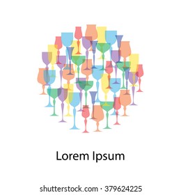 Colored transparent glassware vector illustration with empty space for text. Banner, card, menu, template