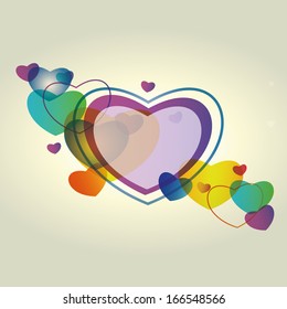 a lot of colored and transparent hearts in white background