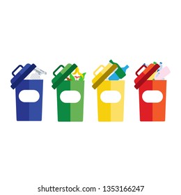 Los cubos de basura de colores azul rojo con metal, papel, plástico, vidrio y residuos orgánicos adecuados para la reutilización reducen el reciclaje. basura de clasificación de residuos. Ilustración vectorial