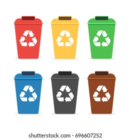 Colored trash containers for recycling. Recycling paper, glass, metal, bio, plastic, e-waste. Vector illustration in flat style isolated on white background