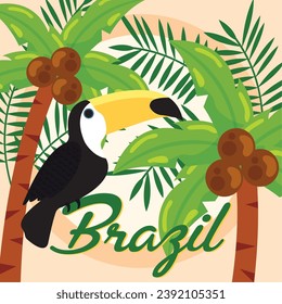 Colored travel to brazil background with a toucan Vector illustration