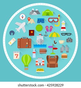 Colored traveling icons set. Flat design style. Long shadow. Isolated on turquoise background. Vector illustration.