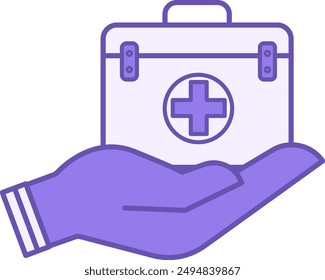 Farbiges Behandlungs-Symbol. Vektorgrafik-Ikone des Erste-Hilfe-Kits in der menschlichen Hand. Gesundheit und Medizin Konzept