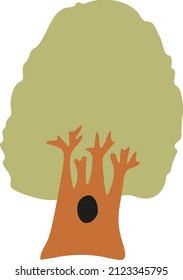 Colored tree icon. Tree trunk with hollow in which there is dwelling of forest animals. Hand drawn wildlife clipart for wooded landscape design. Old thick oak tree with green leafy crown. Flat vector.