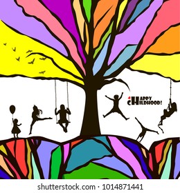 Colored tree and silhouettes of children. Happy childhood. Vecto