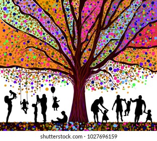 Colored tree and silhouettes of children. Happy childhood. Vecto