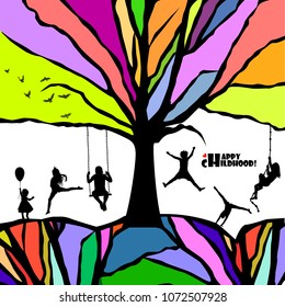 Colored tree and silhouettes of children. Happy childhood. Vector