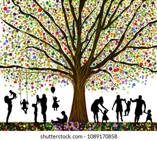 Colored tree and silhouettes of children. Happy childhood. Vector