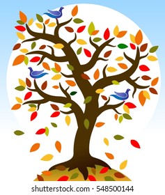 Colored tree. Vivid autumn tree on which sit the birds. Vector illustration.
