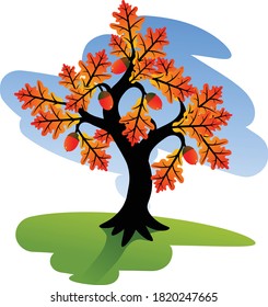 Colored tree. Vivid autumn tree. Red oak tree with colorful yellow orange leaves. Vector illustration.