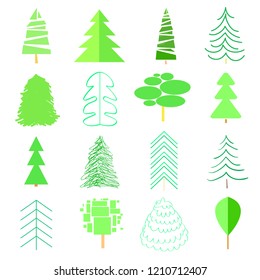 Colored trees and christmas trees on white. Set for icons on isolated background. Geometric art. Universal collection for trendy design