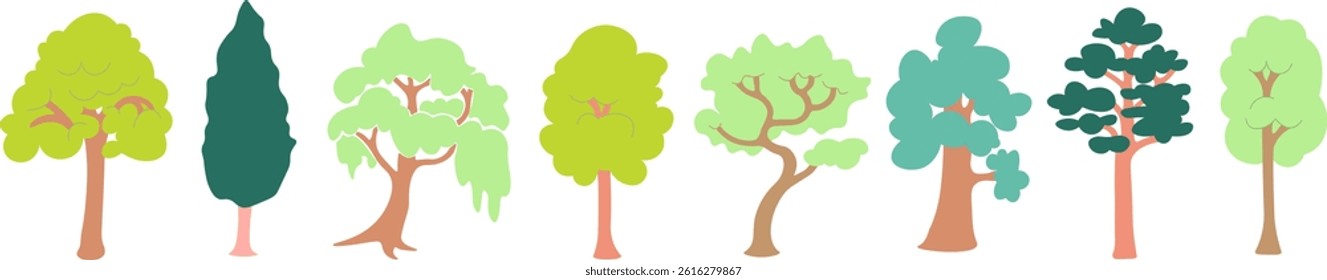 colored tree's collection in doodle style. Objects for design, logo, print, icon, landscape, coloring, background, sticker, postcard.