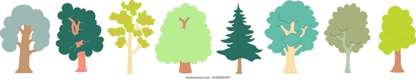 farbige Baumsammlung im Doodle-Stil. Objekte für Design, Logo, Druck, Symbol, Landschaft, Färbung, Hintergrund, Aufkleber, Postkarte.