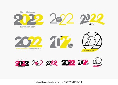 Colored trend set of 2022 Happy New Year logo text design. 2022 number design template. Collection of 2022 happy new year symbols. Vector illustration with colorful and labels isolated on background.