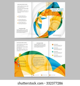 Colored tri fold business brochure design template with abstract lines and waves for your business