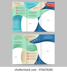 Colored tri fold business brochure design template with abstract lines and waves 