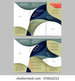 Colored tri fold business brochure design template with abstract lines and waves 