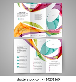 Colored tri fold business brochure design template with abstract lines and waves for your business