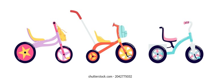 Colored tricycles isolated. Set of drawn bright children's bicycles with backpacks. Flat vector illustration of pedal vehicles for girls and boys on a white background.