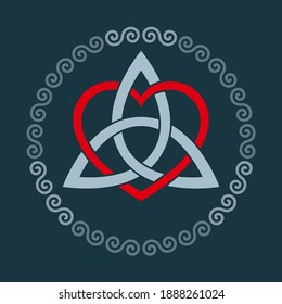 Colored triquetra with heart symbol within a circular spiral frame. Triangular Celtic knot, figure used in ancient Christian ornamentation, surrounded by border of double spirals. Illustration. Vector