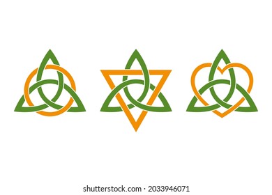 Colored triquetras, intertwined with three orange colored symbols. Green Celtic knots, triangle shaped figures, used in ancient Christian ornamentation, with a circle, a triangle and a heart. Vector.